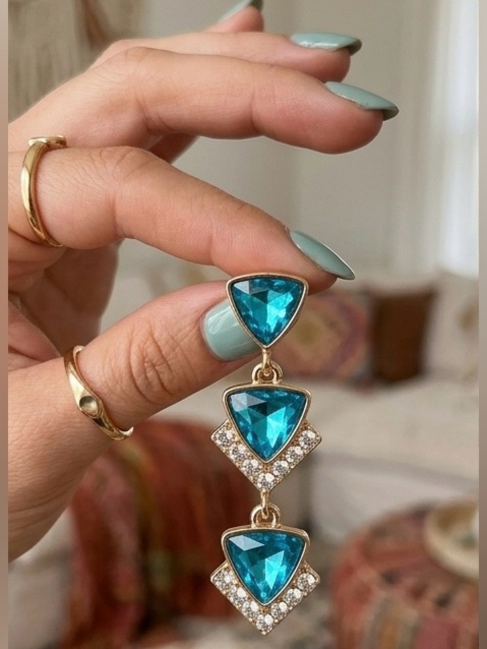 NWT White House Black Market Blue Crystal Tiered Statement Earrings